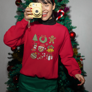 Christmas Icon Sweatshirt – Featuring Tree, Gingerbread Man, Wreath, Disco Ball & More